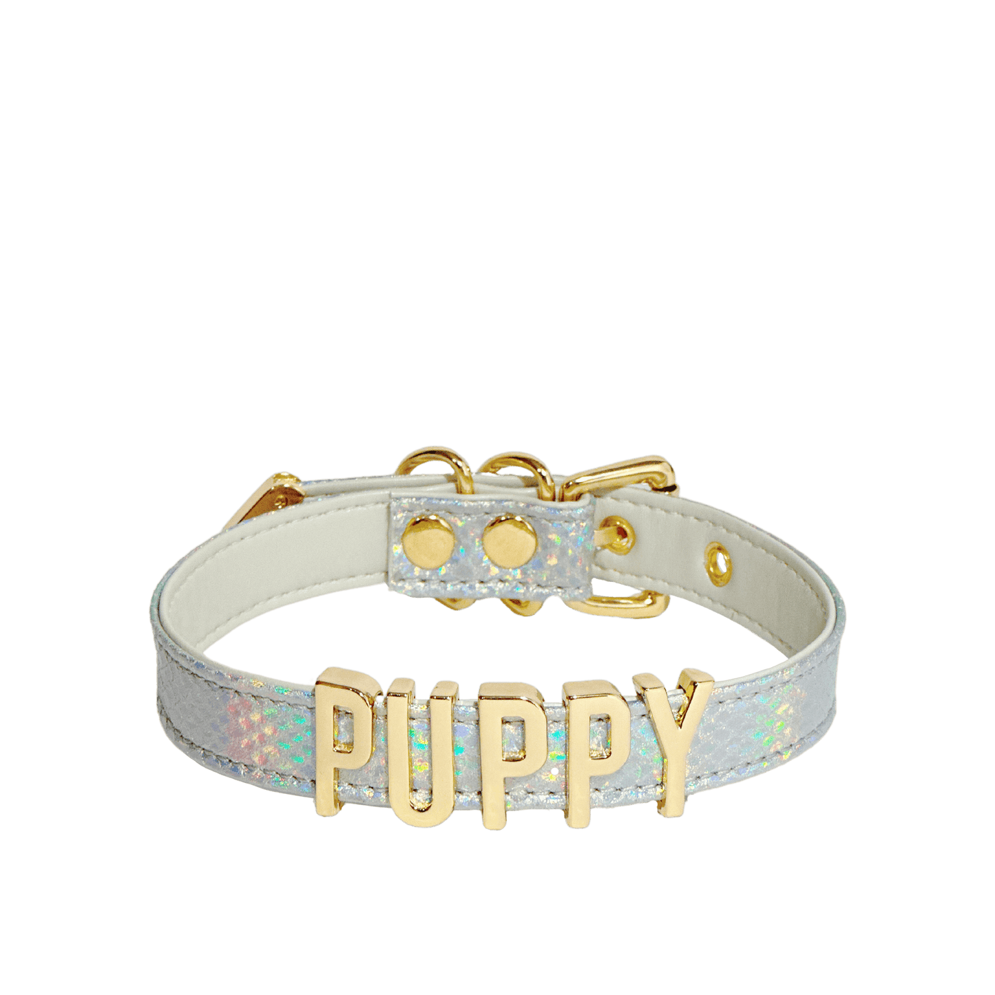 Iridescent Silver Leather Collar with Letters - Master Love