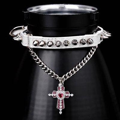 Heavy Metal Punk Style Leather Collar with Cross - Master Love